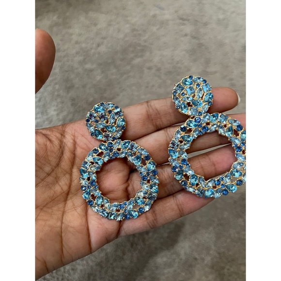 blue rhinestone earrings big statement long big aqua aquamarine large crystal - Picture 1 of 7